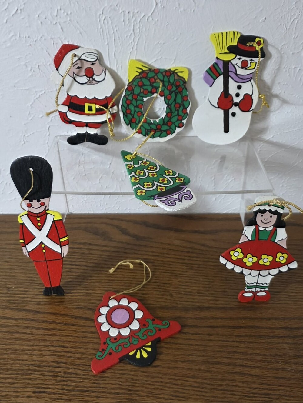 Vintage Hand Painted Wooden Christmas Ornaments Set of 7 Santa Snowman Nutcracke